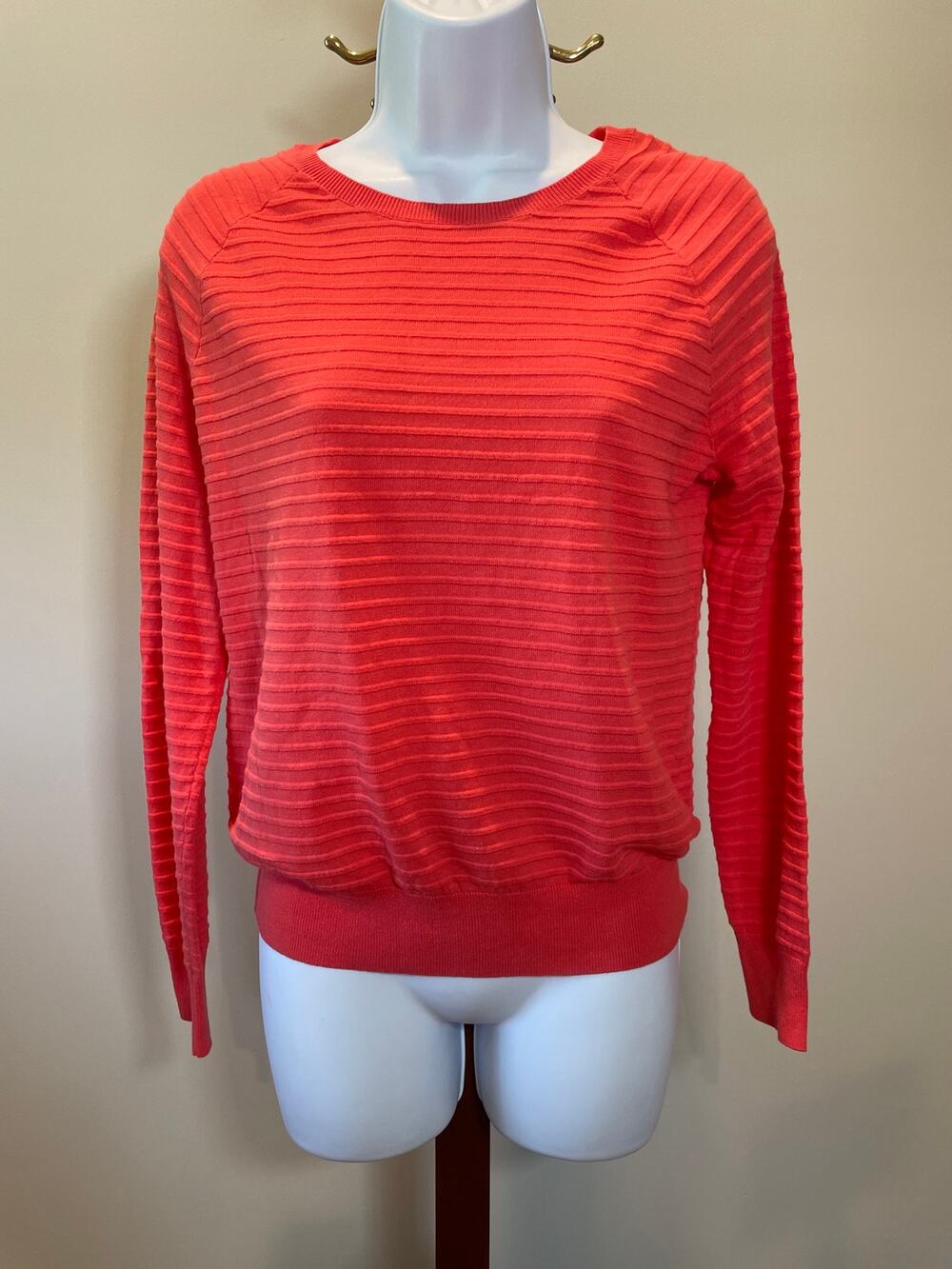 Antonio Melani Size S Lightweight Orange Sweater with Sheer Stripes 100% Cotton